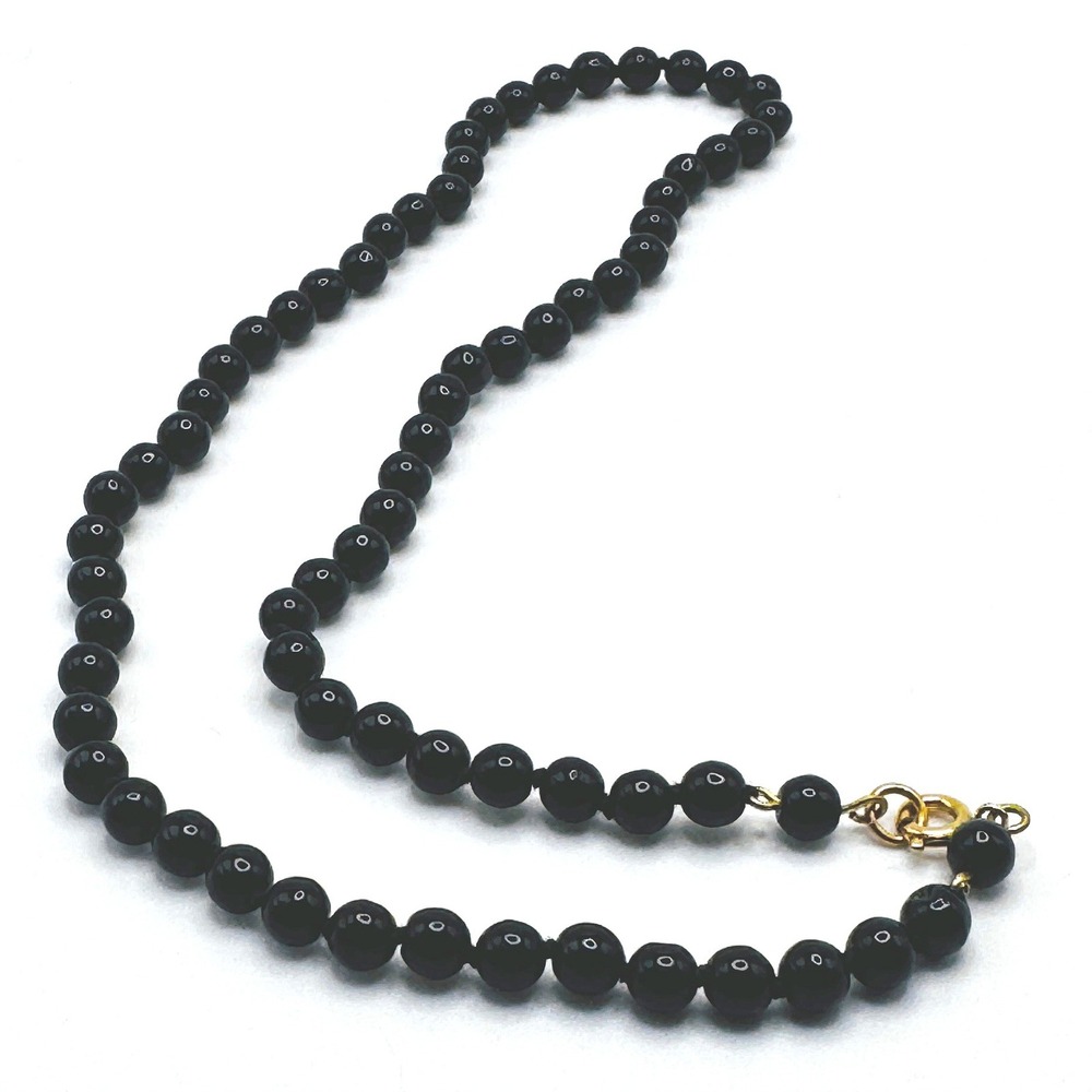 17" Black Faceted Bead Necklace Hand Knotted Gold Tone Clasp Vintage Whimsigoth